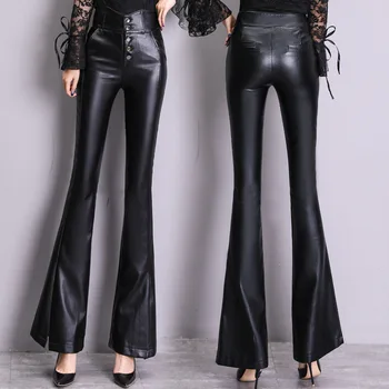 

Office Ladies Korean High Waisted Leather Flare Pants Women Autumn Winter Button Fly Split Bottom Skinny Trousers Womens