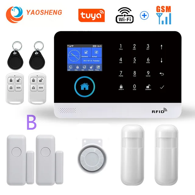 Wireless WIFI GSM Home Security Alarm System For Tuya Smart Life APP With Motion Sensor Detector Compatible With Alexa & Google B