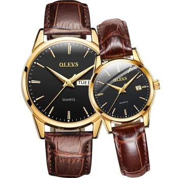 

Original Couple Watches Quartz Date Week Brown Leather Wristwatch Luxury Calendar For Lovers Watch Set Fashion for Men Women