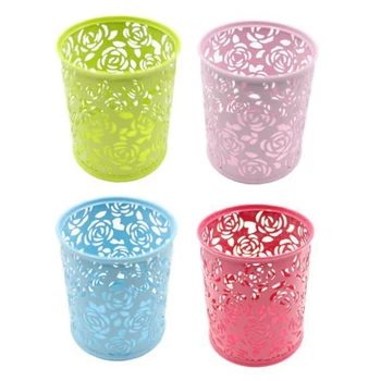 

1Pcs Office Supplies Pencil Pen Pot Holder Stationery Container 4 Colors Hollowed Out Iron Rose Flower Round Pen Holders