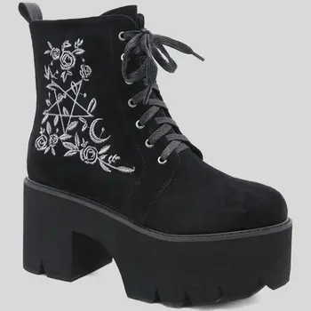 

Brand New Great Quality Tide Shoelaces Embroidery Platform Square Heels Comfortable Leisure Shoes Women Ankle Boots