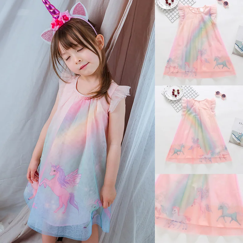 

2020 New Summer Girl Clothes Ruched Rainbow Print Tulle Princess Dresses Toddler Baby Kids Costume Fashion Sweet Dress плая