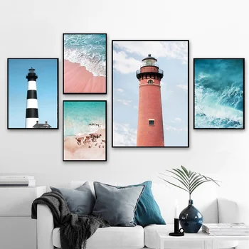 

Nordic Modern Landscape Beach Ocean Lighthouse Art Canvas Poster Home Wall Decor (No Frame)