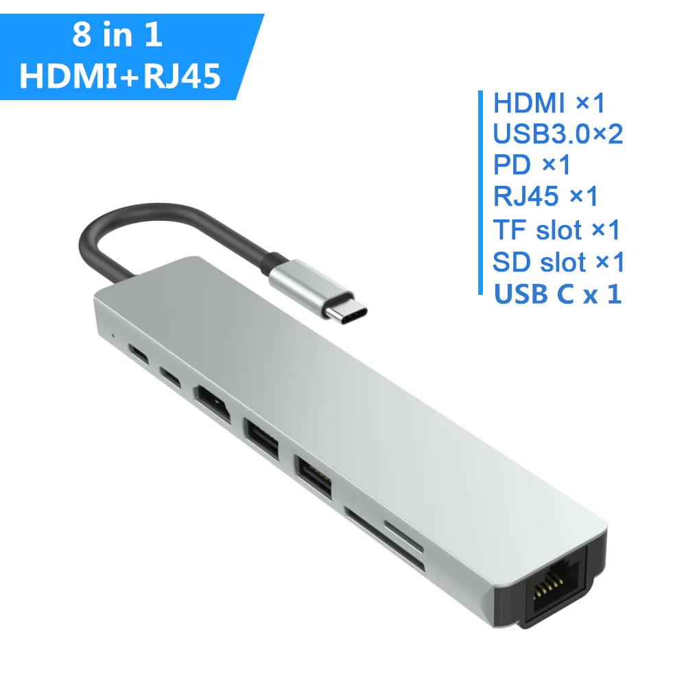 8 in 1 Type C-HDMI концентратор USB C 4K PD 5A 87W док-станция Rj45 Lan USB 3,1 разветвитель USB-C питания Аксессуары Для iMac air MacBook Pro - Цвет: 8 in 1