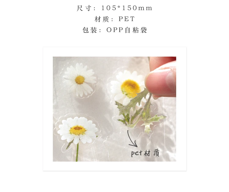 Yoofun Daisy Clover Babysbreath Fern Transparent PET Stickers Flowers Leaves Plants Sticker for Scrapbooking Bullet Journal Deco