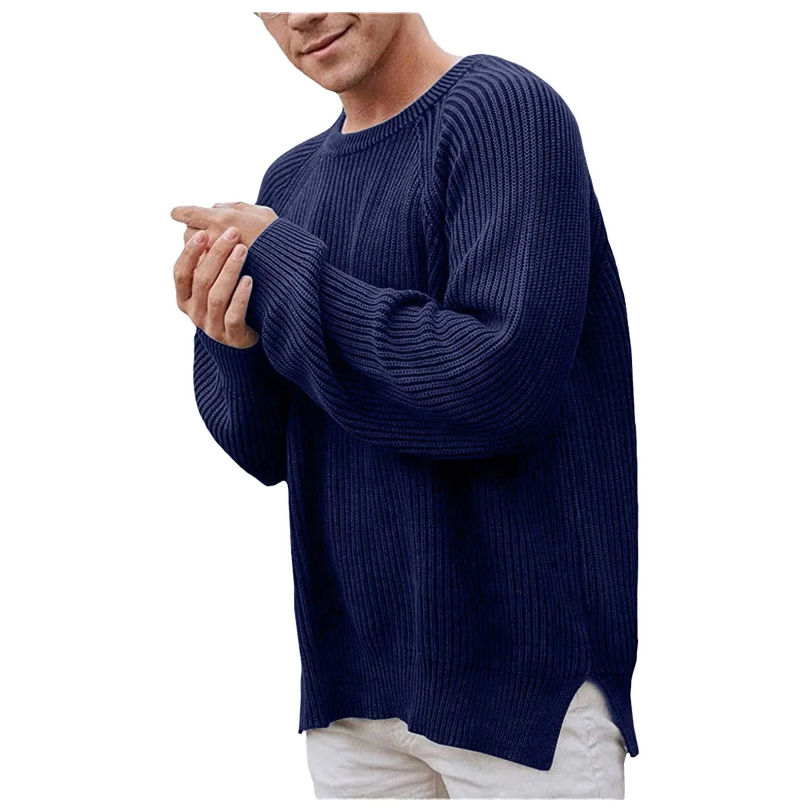 Men's Fashion Split Loose Sweater Autumn And Winter O Neck Long Sleeve Pullover Solid Cardigan Sweater Blouse Pull Homme 2