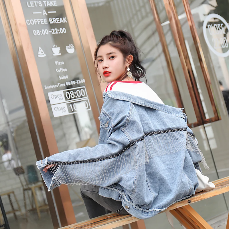 

2020 New Women Loose Bat Sleeve Tassel Denim Jacket Spring plus size Single-breasted Long sleeve Female Jeans Jacket Streetwear