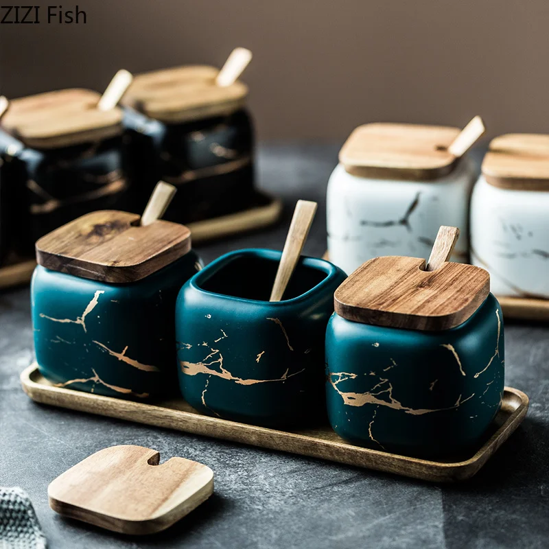 

Marble Pattern Ceramic Kitchen Seasoning Tank Set Wooden Cover Sugar Salt Storage Tank Salt Shaker Spice Jar Kitchen Accessories