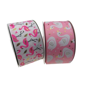 

BOCA 75mm pink flamingo swan printed hologram grosgrain ribbon for bows gift packing decoration accept customized order