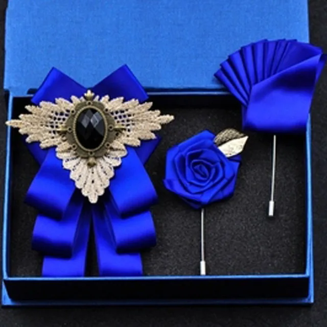 British New Fashion Men's Wedding Performance Groom Wedding-Party Flower Collar Bow Tie Pocket Towel Square Set Men Accessories Blue set