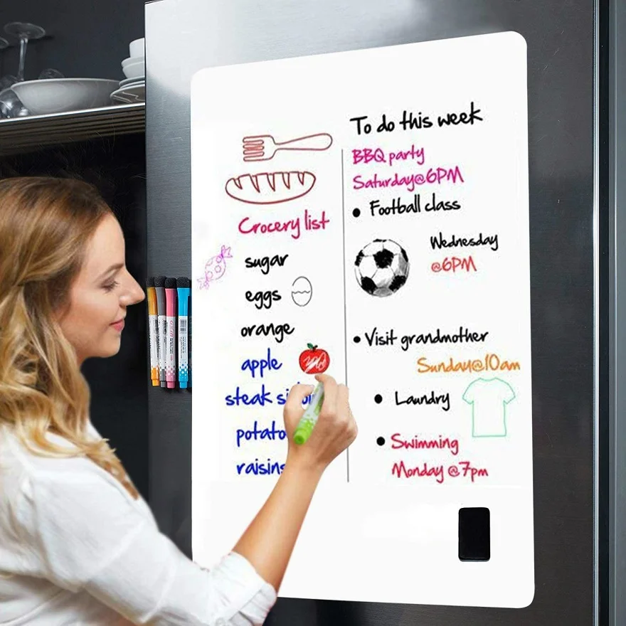 

Big Magnetic Whiteboard Sheet for Fridge Sticker White Board for Refrigerator Whiteboard 5 Fine Markers 1 Eraser Message Board