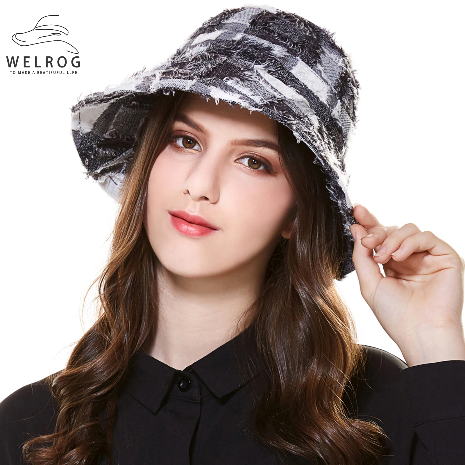 

WELROG Autumn Tassel Side Basin Caps Fashion Colors Patchwork Fashion Plaids Bucket Hats Charming Sky Blue Hairy Side Women Hat