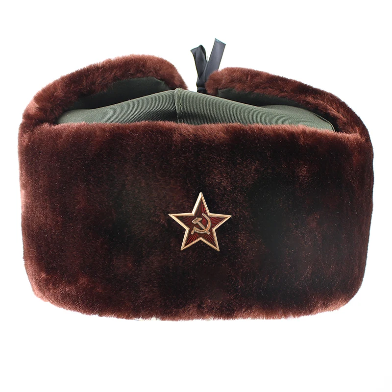 Brown Star Советская армия, военный значок, Россия, ушанка, шапки-бомберы, летчик, охотник, шапка, зимняя, искусственный мех кролика, ушанка, мужские снежные шапки - Цвет: Brown Star
