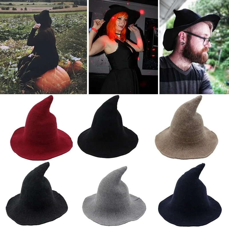 

6 Colors Modern Witch Hat Made From High Quality Sheep Wool Halloween Witch Hat Men's and Women's wool Knit Hat