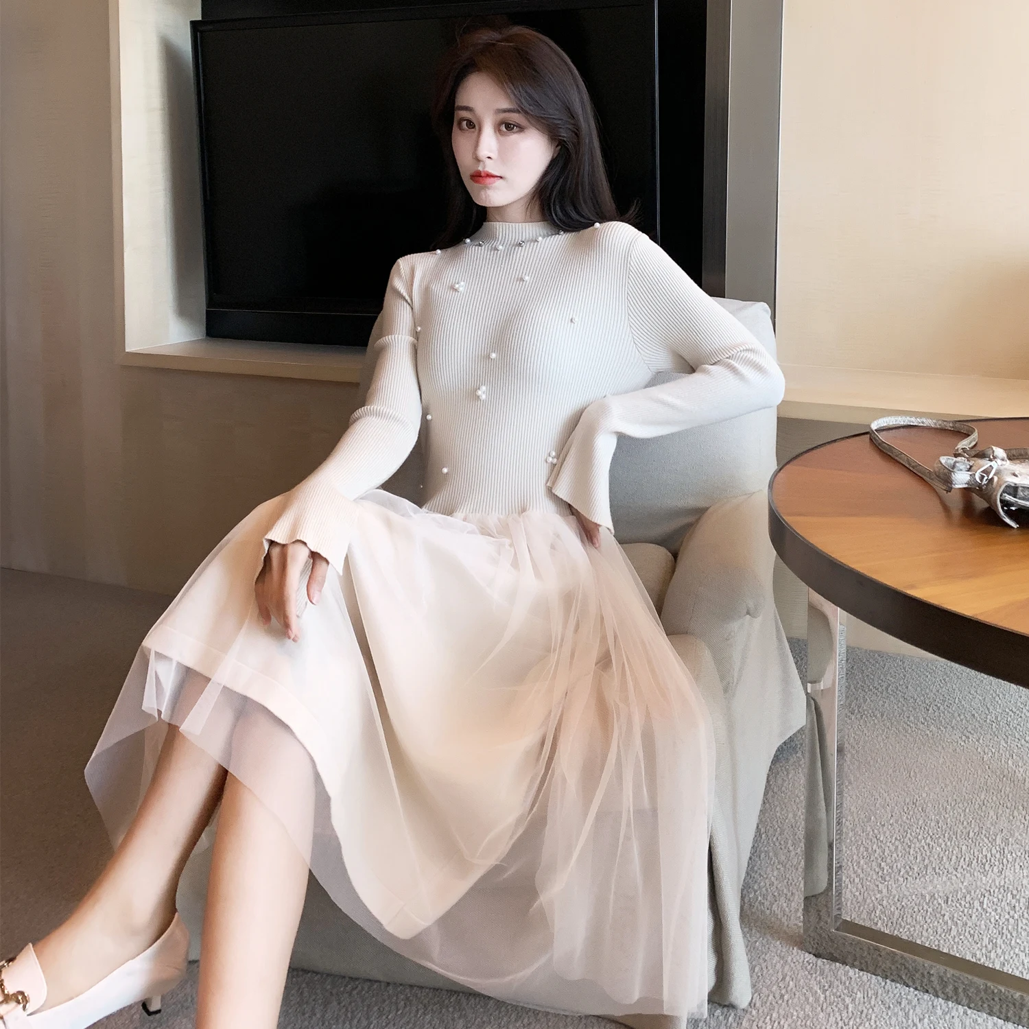 

Autumn Winter Women Dress Loose Knitted Sweater dress Long sleeve Patchwork mesh female bing vestidos de invierno de manga larga