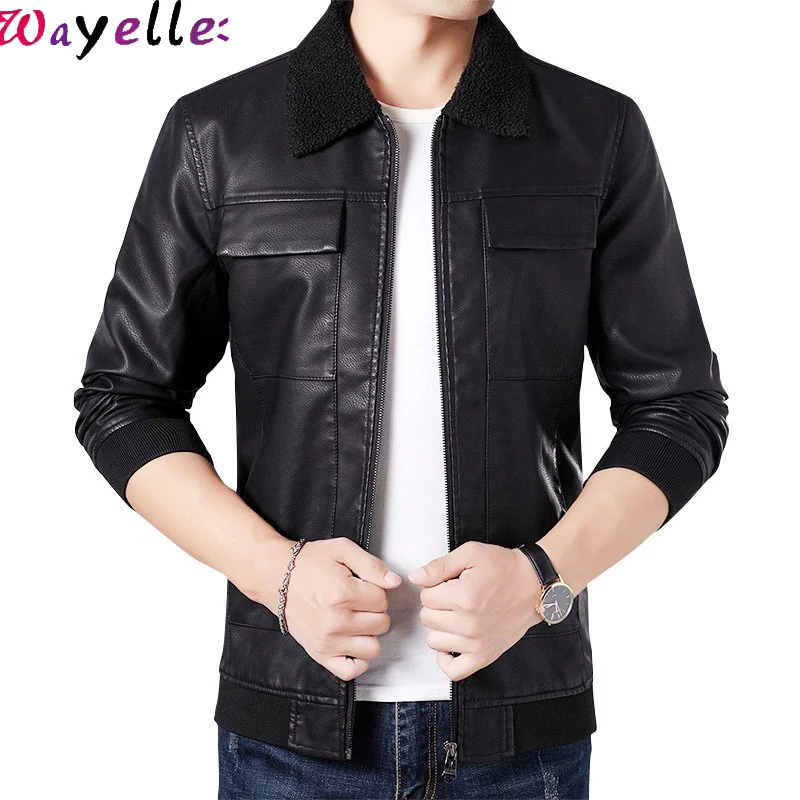 Зимнее пальто из искусственного меха, Мужская мягкая куртка из искусственной кожи, деловая повседневная мужская флисовая Синяя кожаная куртка, Мужская мотоциклетная байкерская куртка