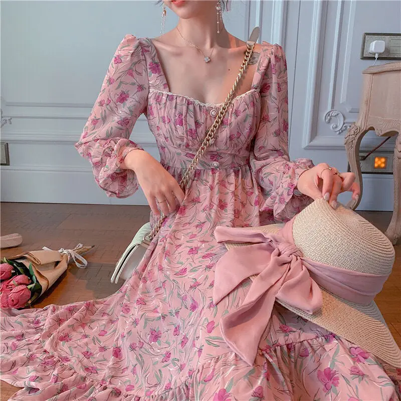 

French Retro Rose Floral Dress Elegant Women Diamonds Square Collar High Waist Cottagecore Dress Summer Sweet Long Sleeve Dress