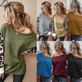 

Diiwii Autumn winter ladies pullover sweaters casual Loose knitted Jumpers leopard long sleeves sweater