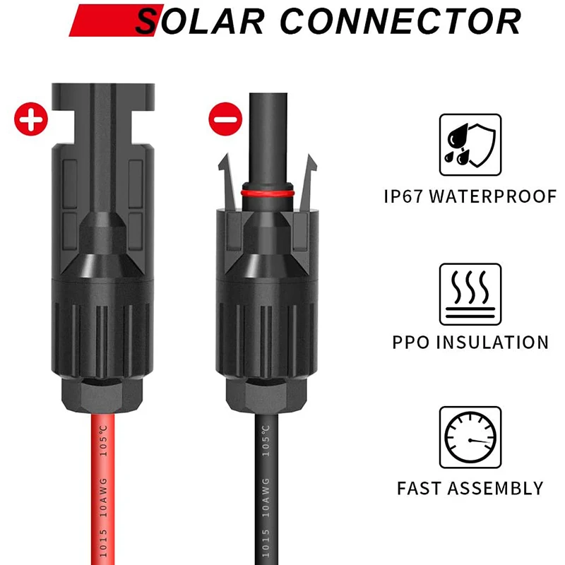 BUNKER INDUST 1 Pair Solar Extension Cable,10 Feet 10AWG Solar Panel Controller Connector Adaptor Wire with MC4 Female and Male Connectors,Black 