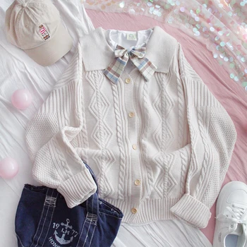 

Spring Women Sweater Coat Teen Girls Loose Student Japanese Harajuku Small Fresh Outer Wear Solid Color Lapel Cardigan Jacket