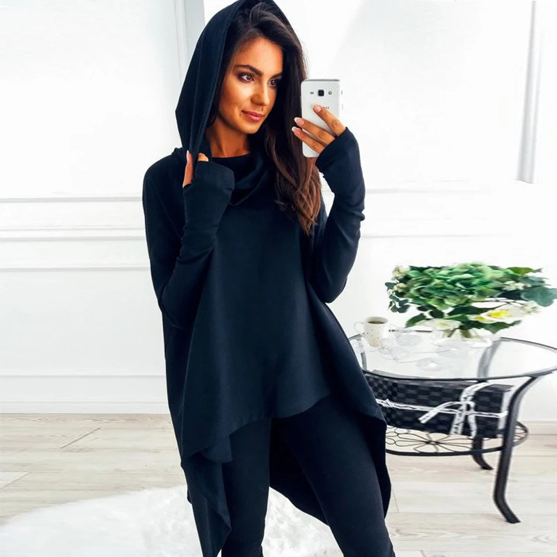 Women Hoodies And Sweatshirts Irregular Hem Long Sleeved Hoodie Solid Color Casual  Sweatshirt Hoodie Fashion Shirts