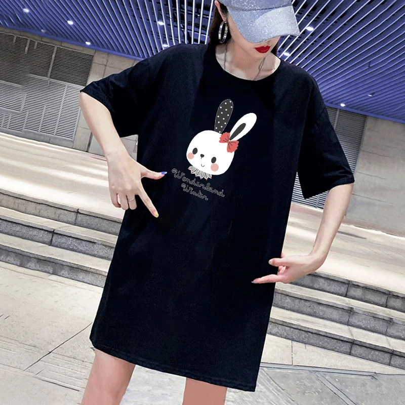 

2020 Summer Mini Dress Women Print Cute Rabbit Casual Loose Female Streetwear Plus Size 4XL Kawaii Cartoon Black White Dresses