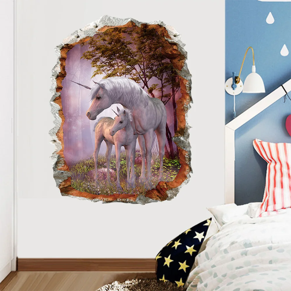 

3D Unicorn Wall Stickers Living-oom Bedroom Children's Room Wallpaper Decorative Painting Green Poster For Mural