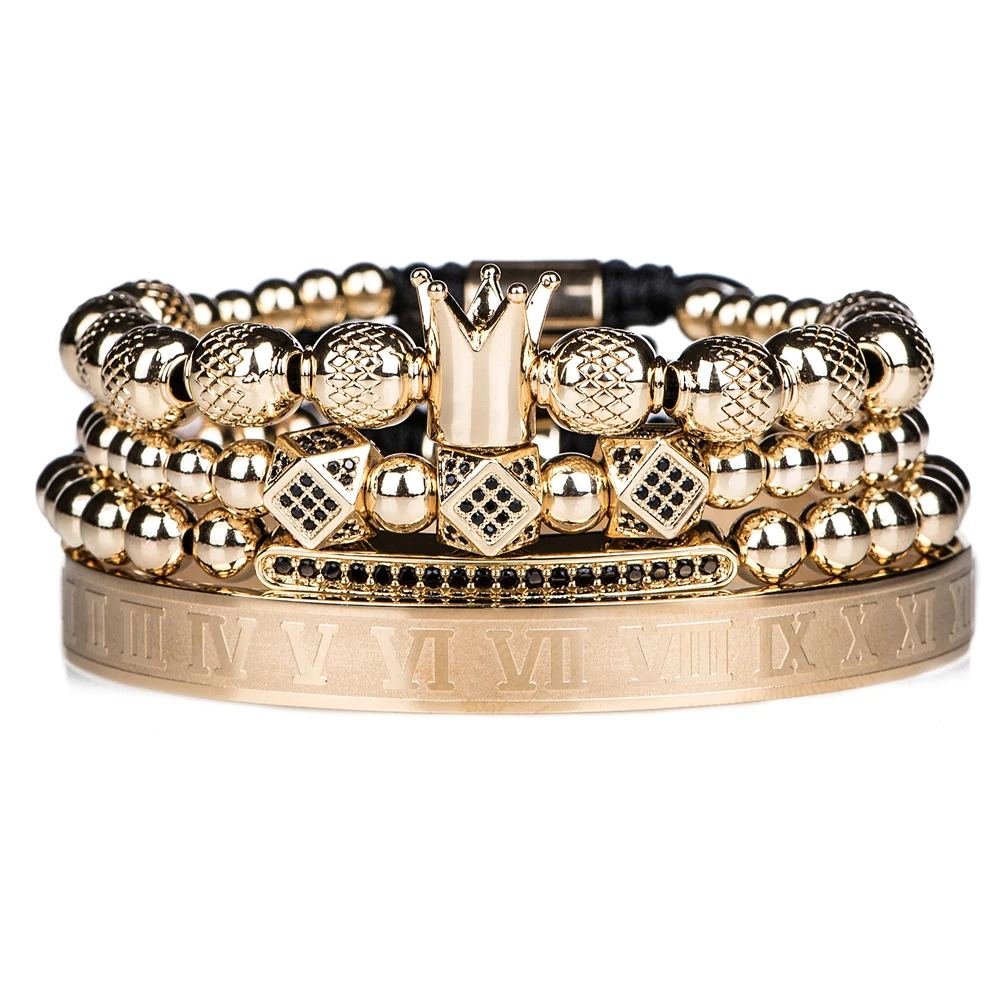 2020 New Design Handmade Braiding Bracelet Gold Hip Hop Men Polished Crown Roman Numeral Luxury Jewelry DropShiping | Украшения и