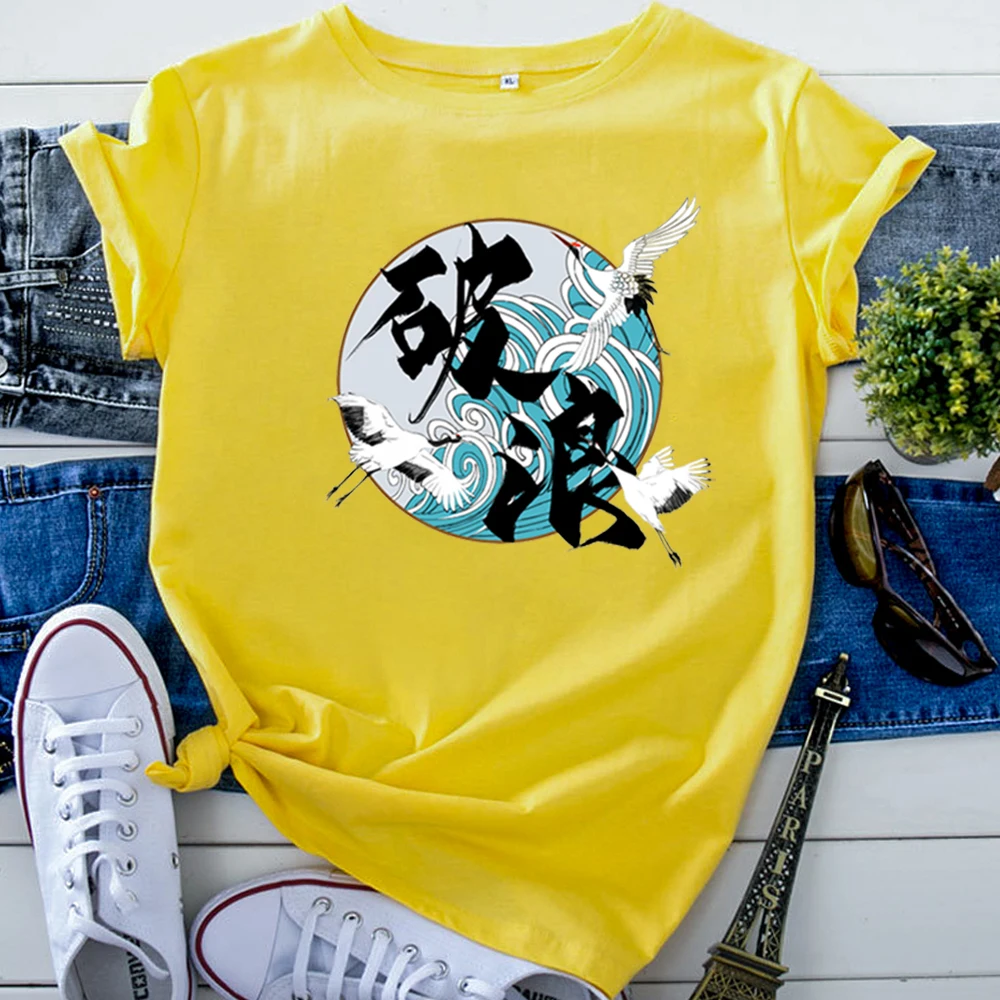 Tshirt Funny Japanese Three Crane Character Printing Woman T-Shirt Crewneck Hip Hop T Shirt Women Vintage Casual Women'S Clothes