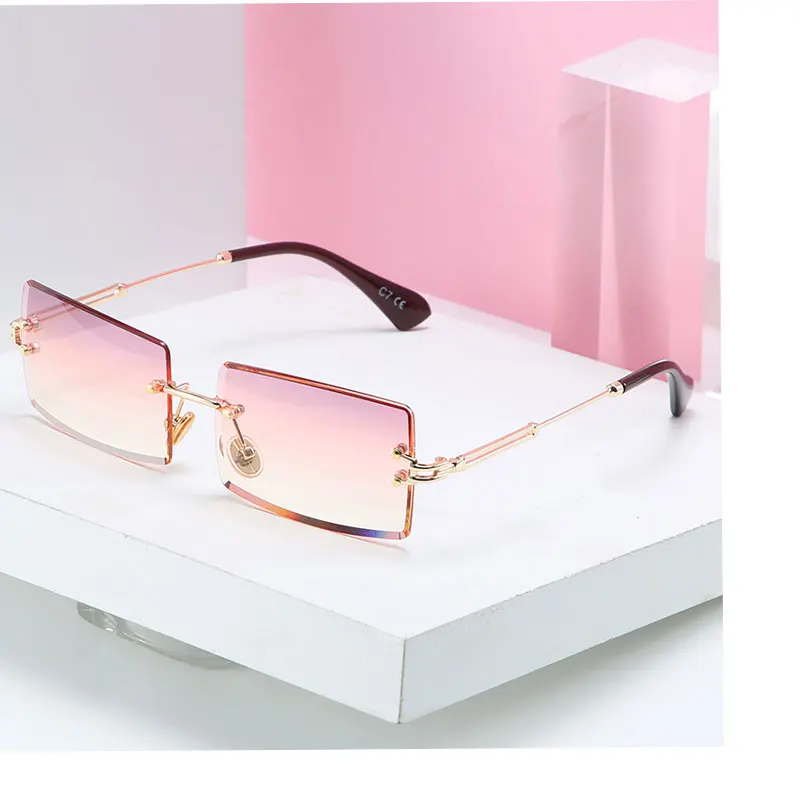 Pink Purple Sunglasses Female Tinted Rectangular Rimless Crystal ...