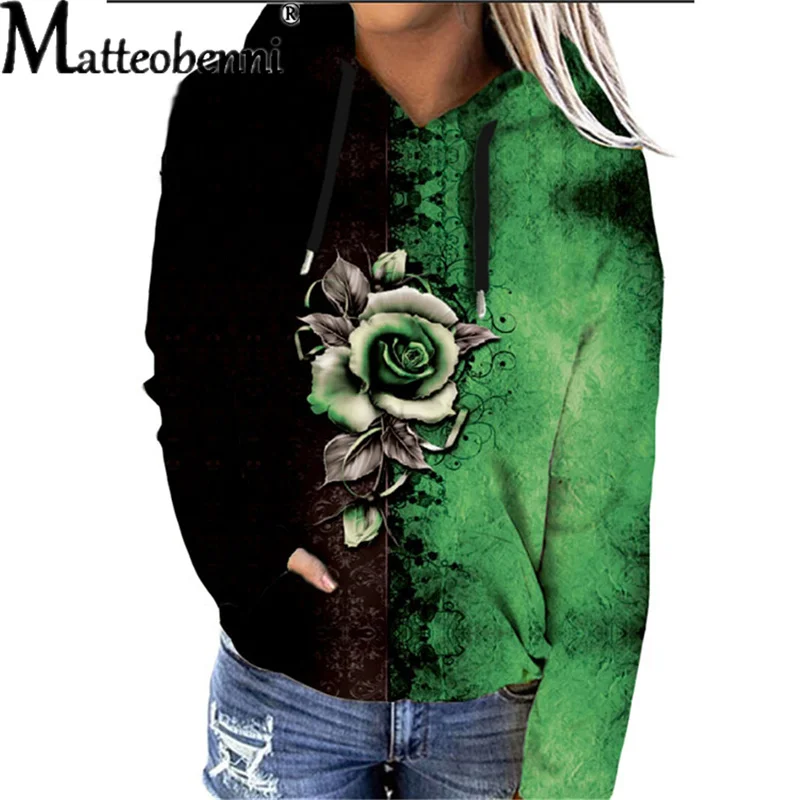 Women Color Contrast Hooded Sweatshirt Autumn Winter Floral Print Harajuku Drawstring Hoodies Casual Long Sleeve Pullover Female