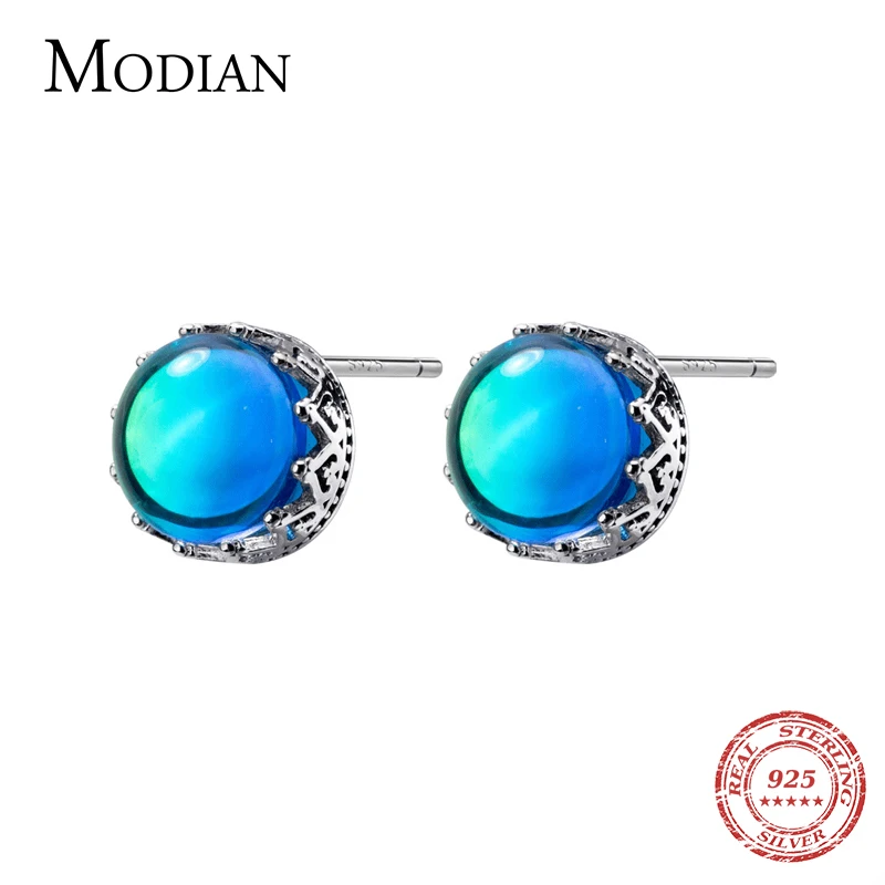 Modian Luxury Charm Blue Opal Crown Stud Earrings Fashion Elegant 925 Sterling Silver Crystal Jewelry For Women S925 Female Gift