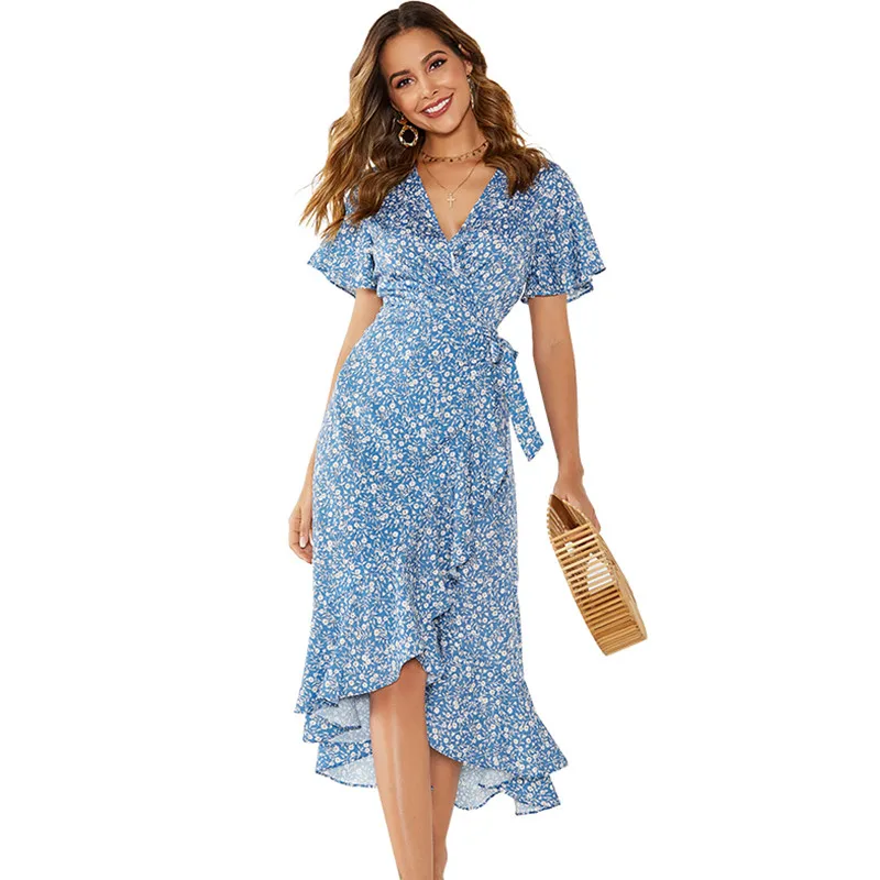 Женские летние платья богемное длинное платье с v-образным вырезом повседневное свободное платье модное женское пляжное стильный сарафан вечерние платья - Цвет: Blue