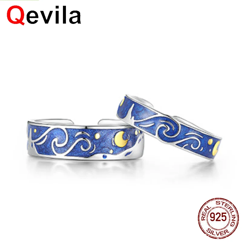 Qevila Открытое кольцо для влюбленных из натуральной 925 серебра Ван Гог блестящее небо золото Луна Звезда Эмаль холст палец кольцо для женщин Свадебная вечеринка