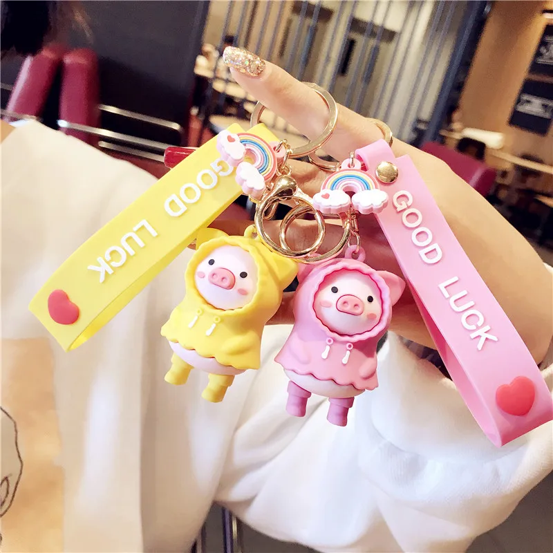 Chubasquero de PVC para niña y niño, llavero de Metal con dibujo de cerdo, rosa, amarillo y azul, bolso colgante, llavero de coche, joyería, cordón de regalo