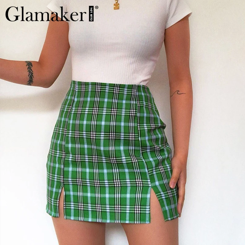 Женская клетчатая юбка Glamaker зеленая трапециевидная короткая облегающая с