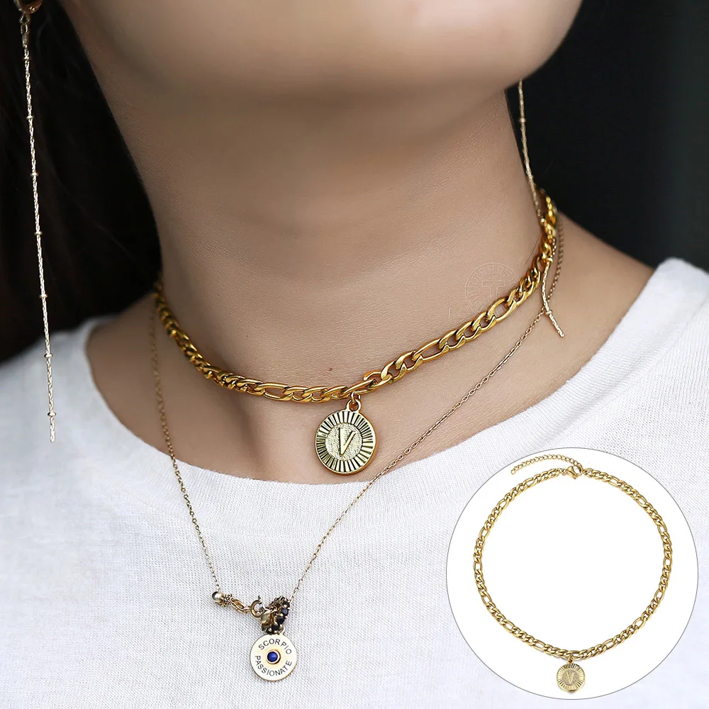 5mm Stainless Steel Figaro Chain A-Z 26 Initials Name Round Pendant Necklace Femme Choker Unique gift for Women Jewelry DN189