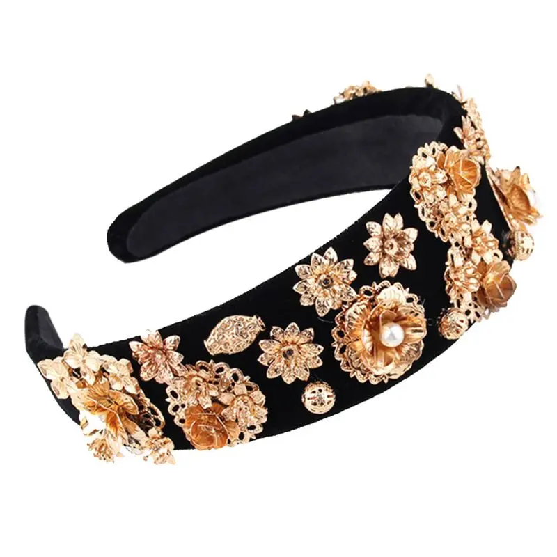 Women Luxury Heavy Duty Baroque Headband Gold Alloy Flower Rhinestone Hair Hoop 449F - Цвет: B