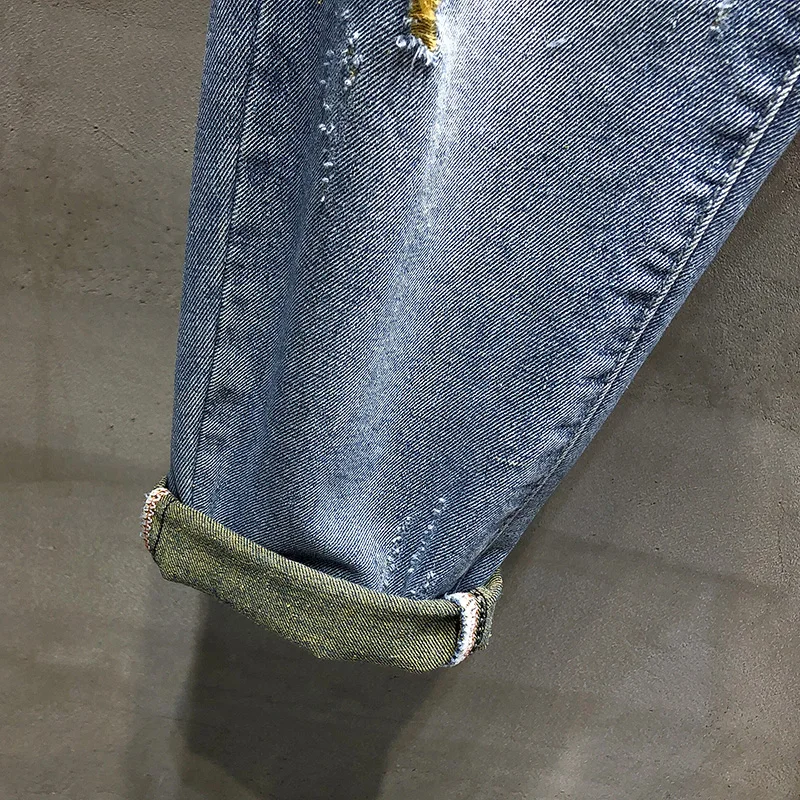 Mens Ripped Jeans Light Blue 100% Cotton Distressed Broken Hole Streetwear Cropped Pants Denim