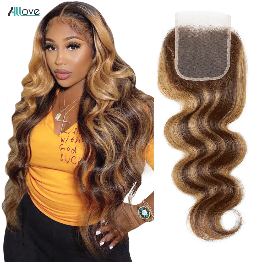 5X5 Transparent Lace Closure 4/27 Highlight Closure Body Wave With Baby Hair Pre-Plucked Honey Blonde Lace Closue