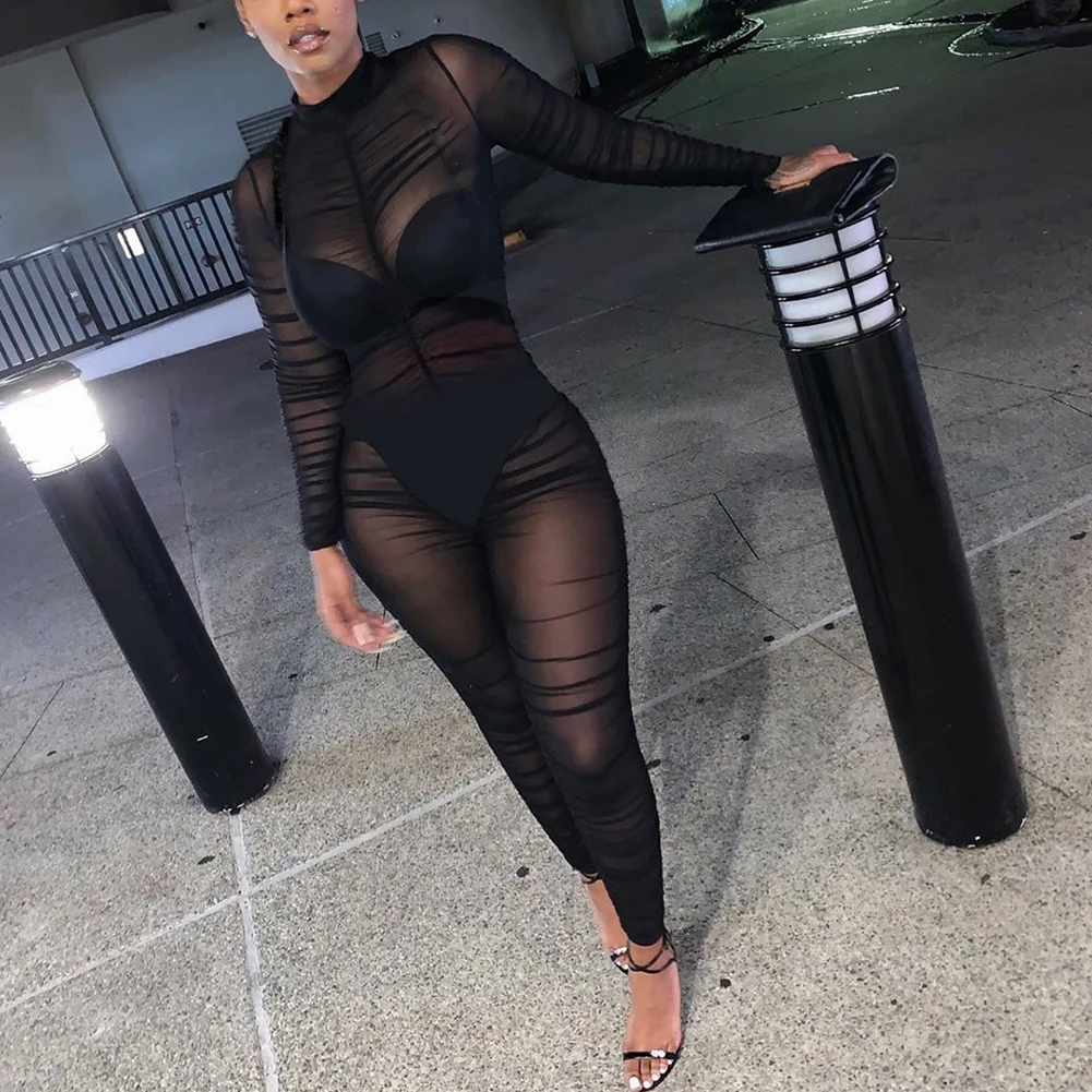 African Dresses for Women Fashion Sexy Solid Color Long Sleeve Sheer Jumpsuit Party Romper Bodycon Jumpsuit African Clothes