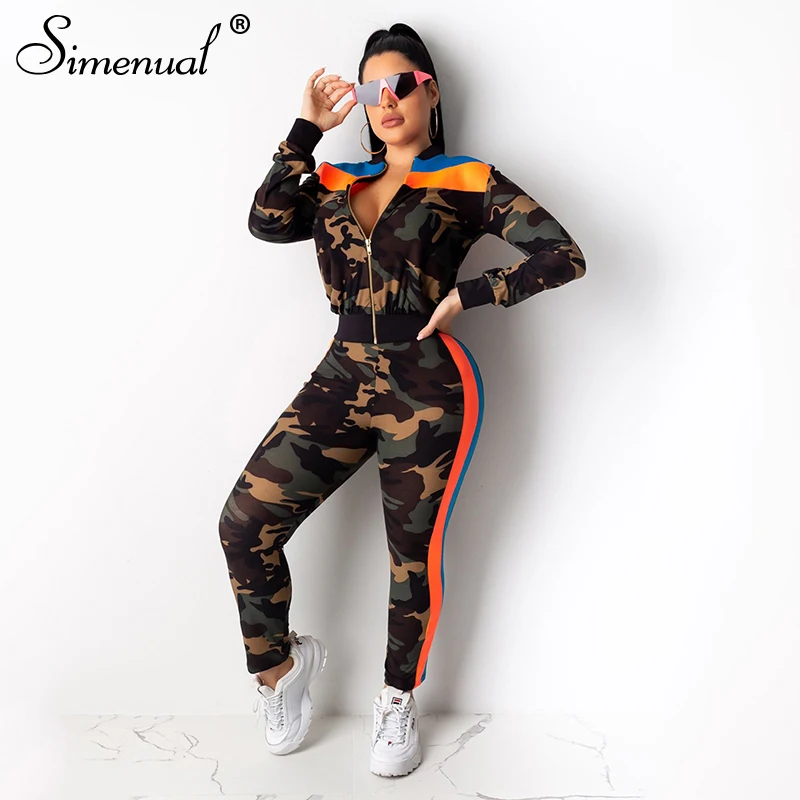 

Simenual Casual Sporty Active Wear Two Piece Set Women Camouflage Fashion 2019 Tracksuits Long Sleeve Zipper Top And Pants Sets