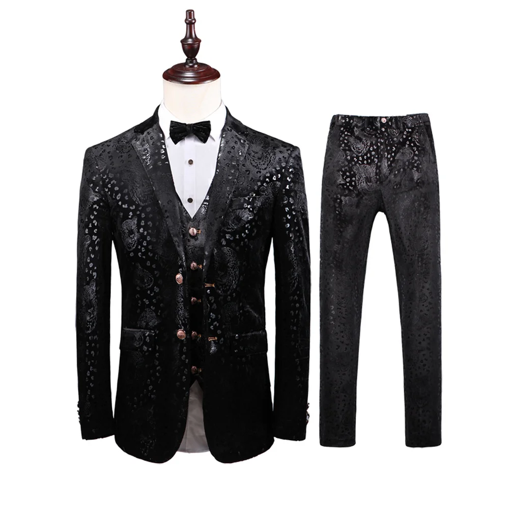 

Men's suit three-piece suit (jacket + pants + vest) spring autumn new leopard black slim suit male Boutique banquet dress