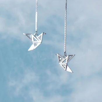 MloveAcc 925 Sterling Silver Fine Jewelry Origami Paper Crane Dangle Earrings Line for Women Girls Fashion Jewelry Gift