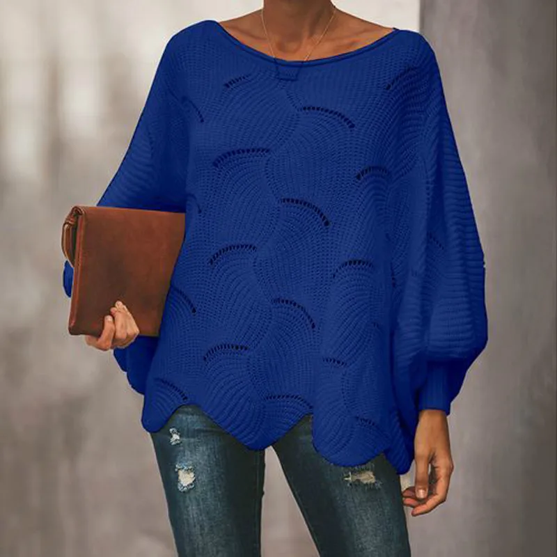 Women Loose Sweater Cloak Casual Oversized Soft Lantern Sleeve Hollow Out Pullovers Knit O Neck Wave Hem Solid Female Sweaters