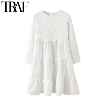 

TRAF Women Sweet Fashion Ruffled White Mini Dress Vintage O Neck Long Sleeve Female Dresses Vestidos Mujer