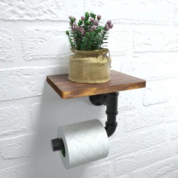 

Toilet Ledge Wooden Shelf Toilet Paper Holder Tissue Holder Industrial Style Wall-Mounted Towel Rack Antique Bathroom