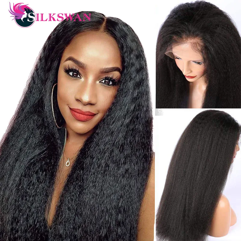 Silkswan Yaki Straight Full Lace Wigs Human Hair Wigs 10-32Inch Brazilian Remy Hair Preplucked 180% Kinky Straight Wig For Women