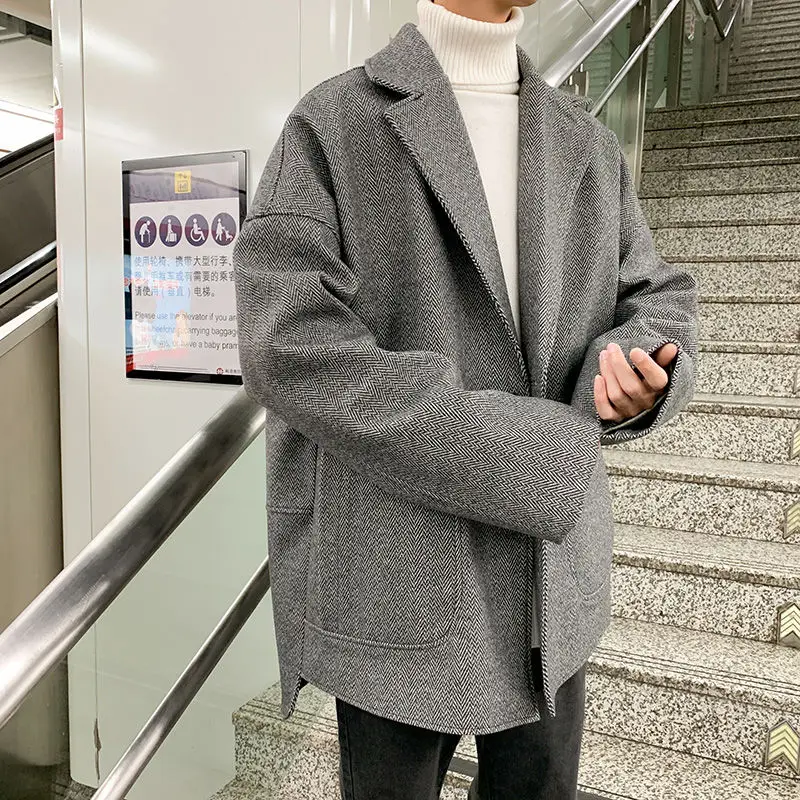 2020 Autumn And Winter New Youth Popular Men's Loose Solid Color Single Button Woolen Coat Fashionable Casual Top | Мужская одежда