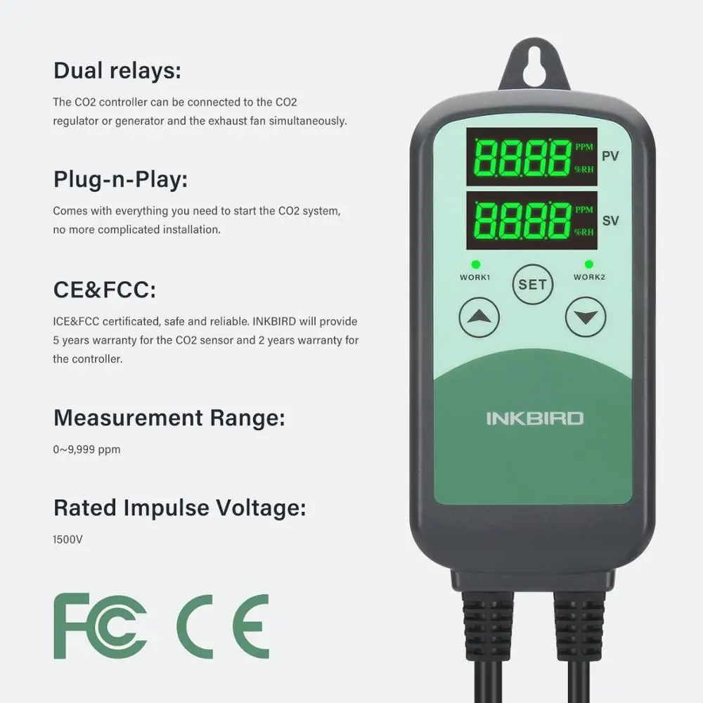 ICC-500T S01 실내 환기 및 HVAC 장비용 NDIR CO2 센서가있는 프로그래밍 가능한 이산화탄소 온도 컨트롤러